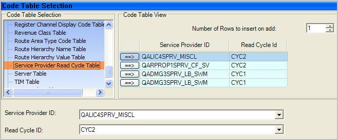 The service provider read cycle option selected on the code table selection tab.
